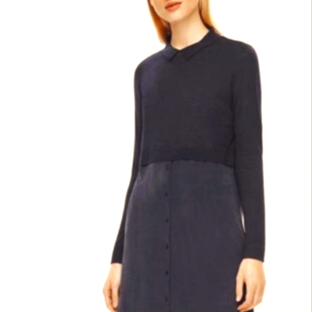 COS Navy And Black Merino Wool And Silk Long Sleeve Tunic Top